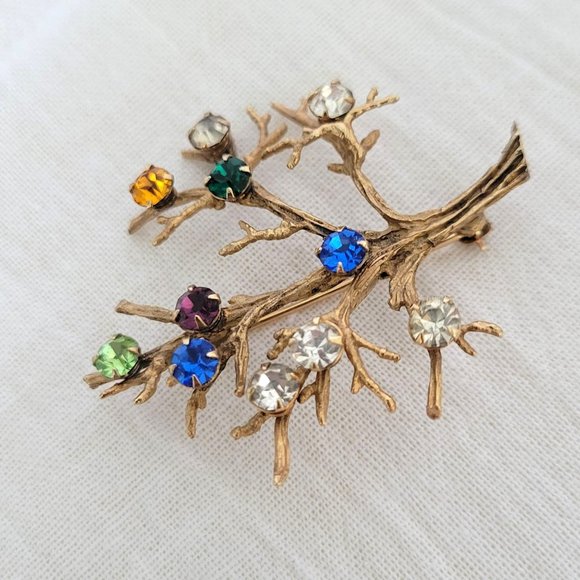 Sterling Gold Vermeil Tree of Life Brooch Pin Crystal Accents Vintage 1960s - Picture 5 of 10